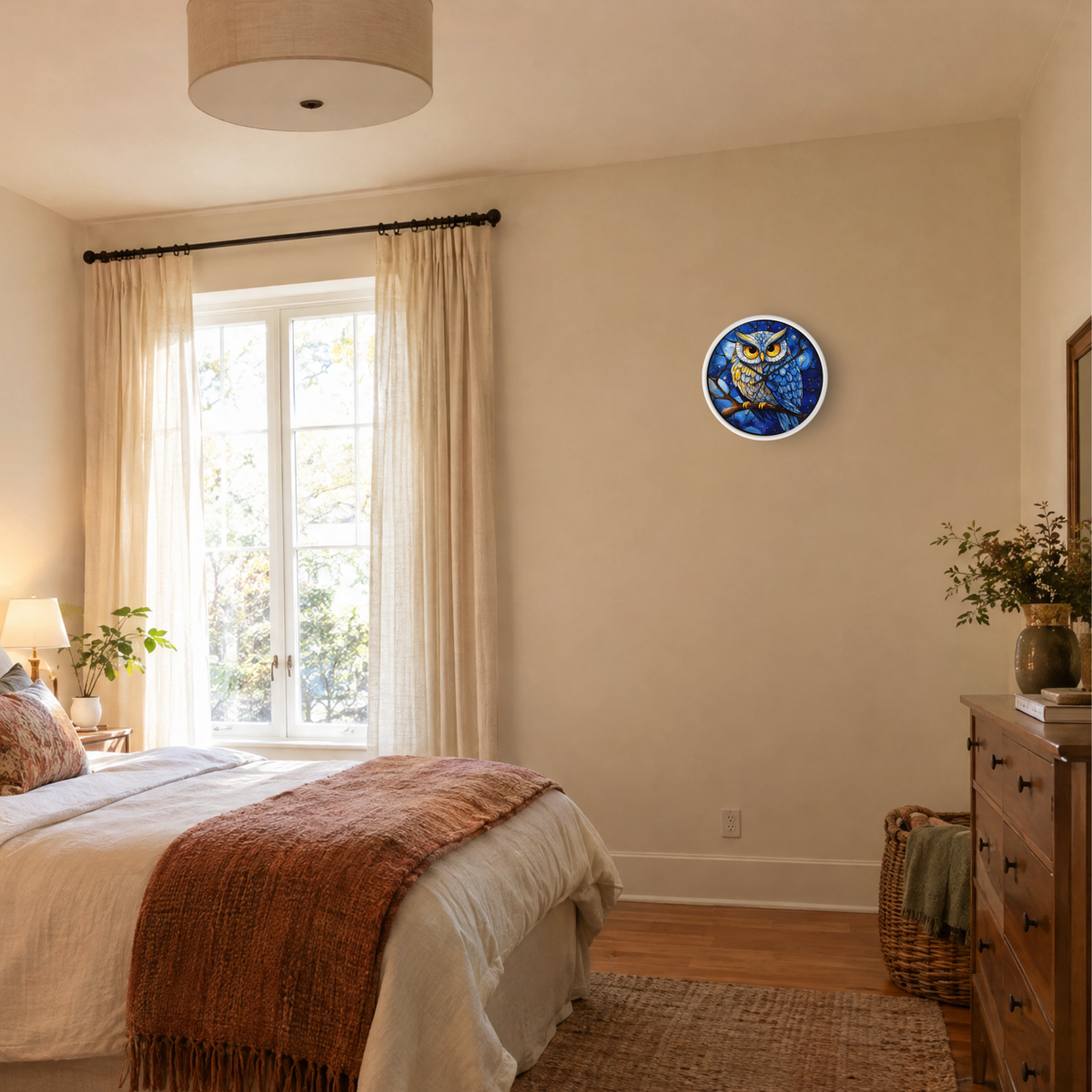 A round blue owl wall art print with glowing yellow eyes, mounted on a beige wall in a styled bedroom setting with a bed, window, and wooden dresser.