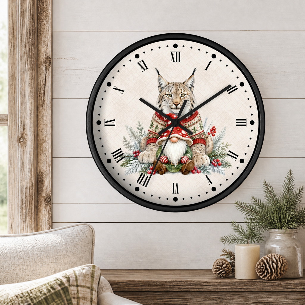 A round wall clock with a black frame and a white face, featuring a winter-themed illustration of a lynx in a red knit sweater and white bearded gnome surrounded by pine branches and berries. The clock is mounted on a white wood-paneled wall above a rustic wooden table with a candle and pinecones.