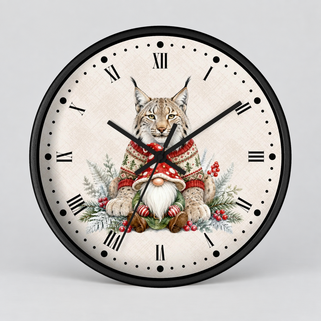Round wall clock with a black frame and Roman numerals, featuring a printed illustration of a lynx wearing a red and green Christmas sweater with a gnome at its feet, on a light gray background.
