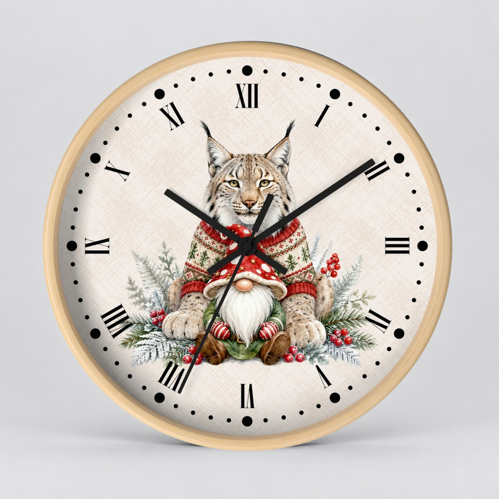 A round wall clock with a light wood frame and a cream-colored face, featuring a festive illustration of a lynx in a red and green knit sweater with a small gnome at its feet, surrounded by evergreen branches and red berries. The clock has black Roman numerals and black hands.