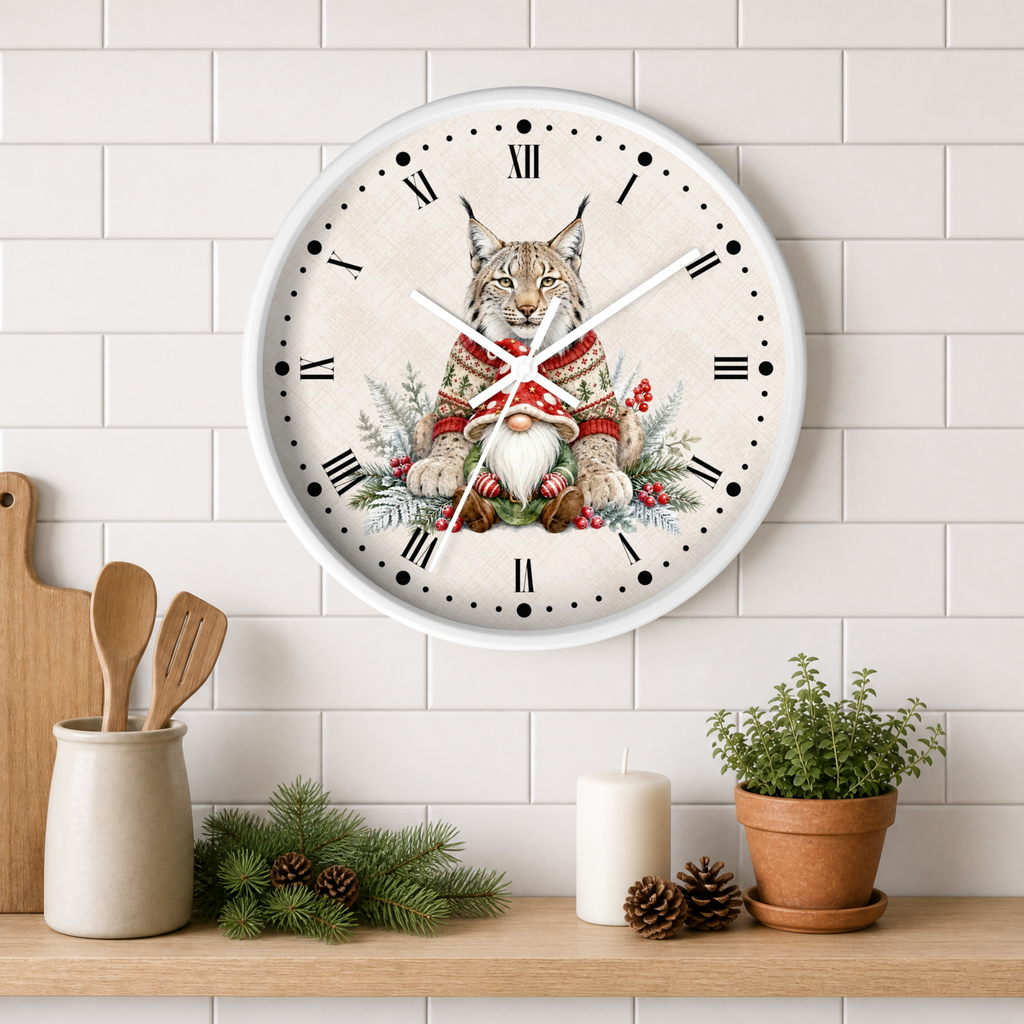 A round wall clock with a white frame hangs on a white subway tile wall above a wooden shelf. The clock face features a detailed illustration of a lynx wearing a red and green knit sweater and a white bearded gnome, surrounded by pine branches and red berries.