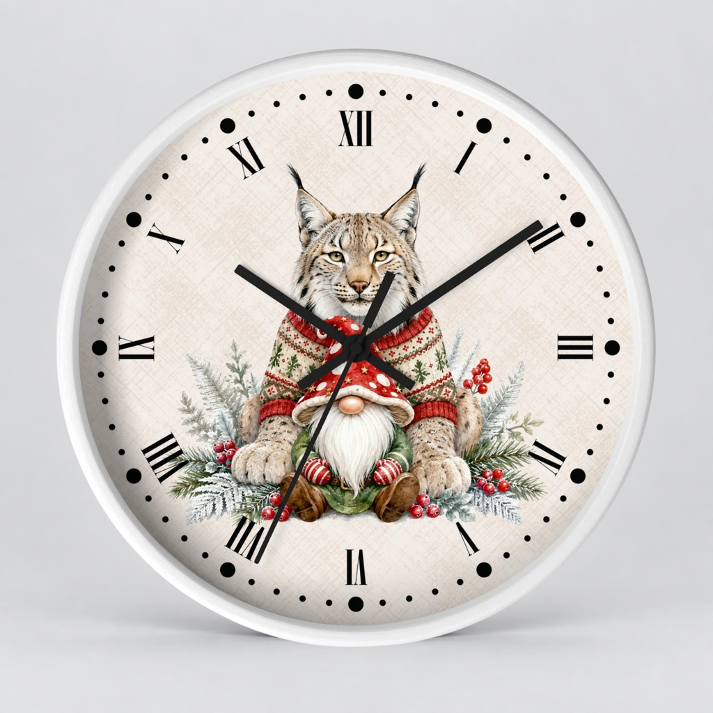 Round wall clock with a white frame and a cream-colored face featuring a detailed illustration of a lynx wearing a red and green knit sweater, a white beard, and a small gnome hat, surrounded by mistletoe and berries. The clock has black Roman numerals and black hands.
