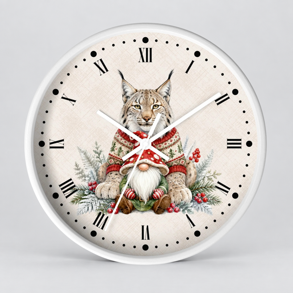 Round wall clock with a white frame and a festive illustration of a lynx in a red knit sweater and white beard, surrounded by greenery and red berries on an off-white face with black Roman numerals.