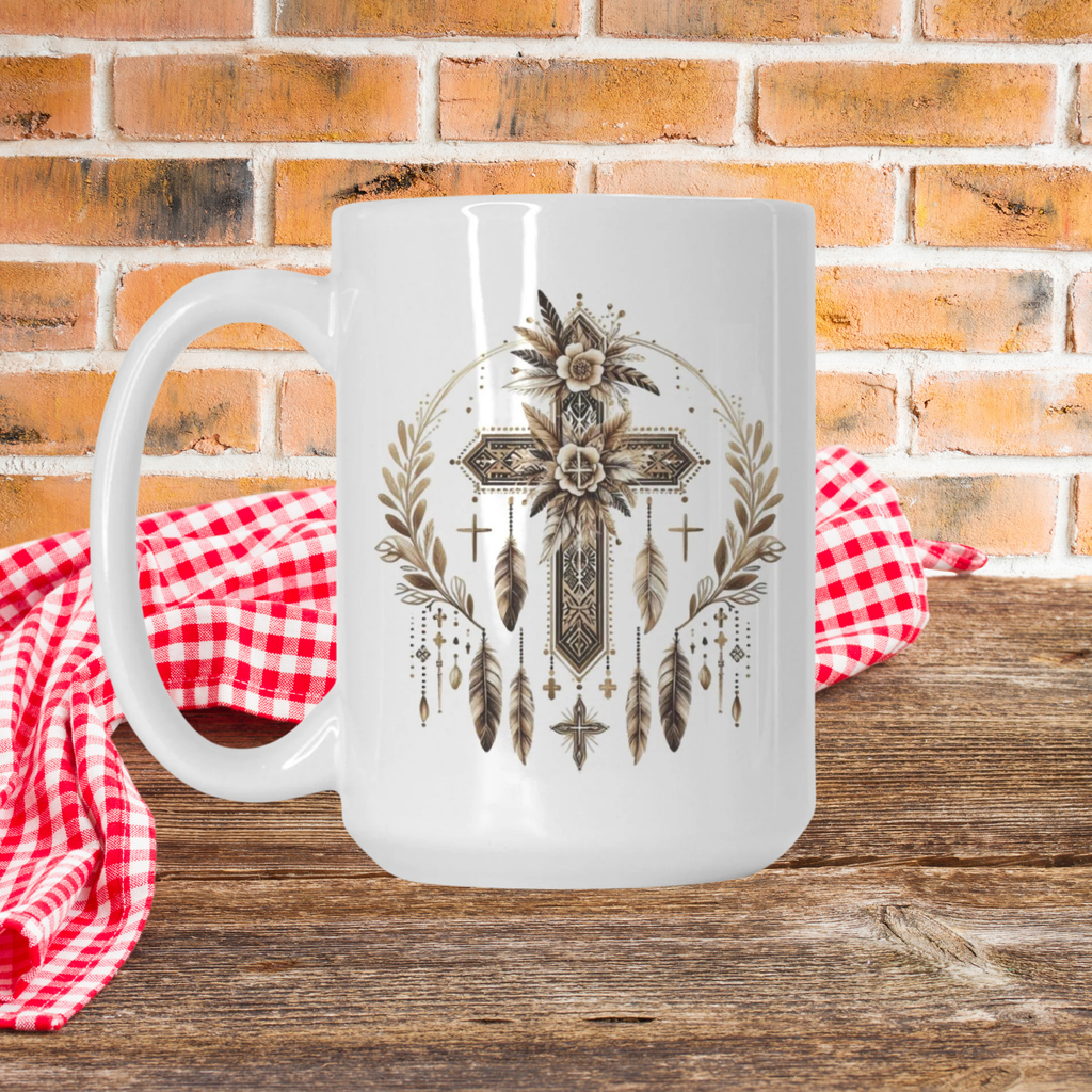 White mug with decorative design on a wooden surface with a brick wall background