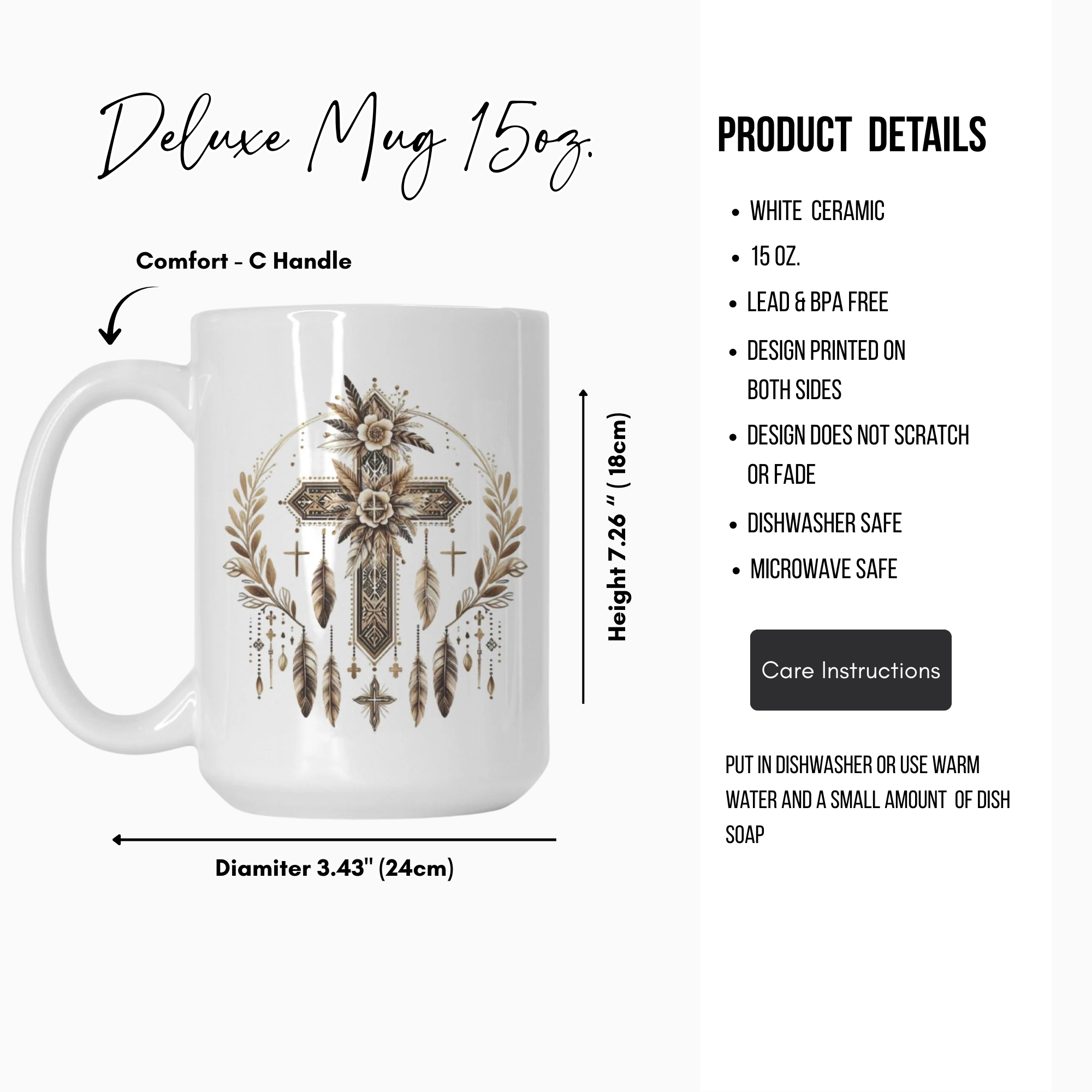 White ceramic mug with decorative cross and feather design, featuring product details on a white background.
