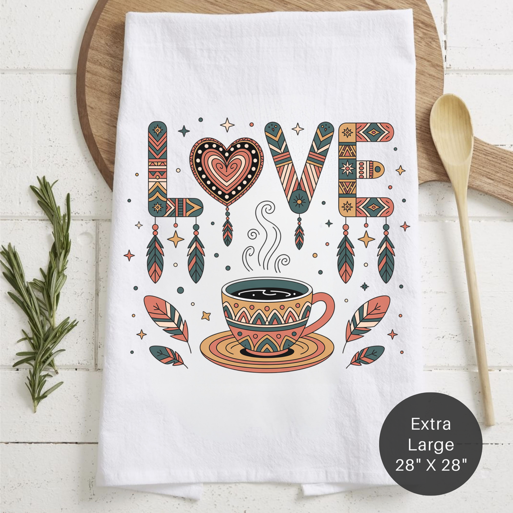Tea towel with 'LOVE' design featuring a cup and feathers on a wooden surface.