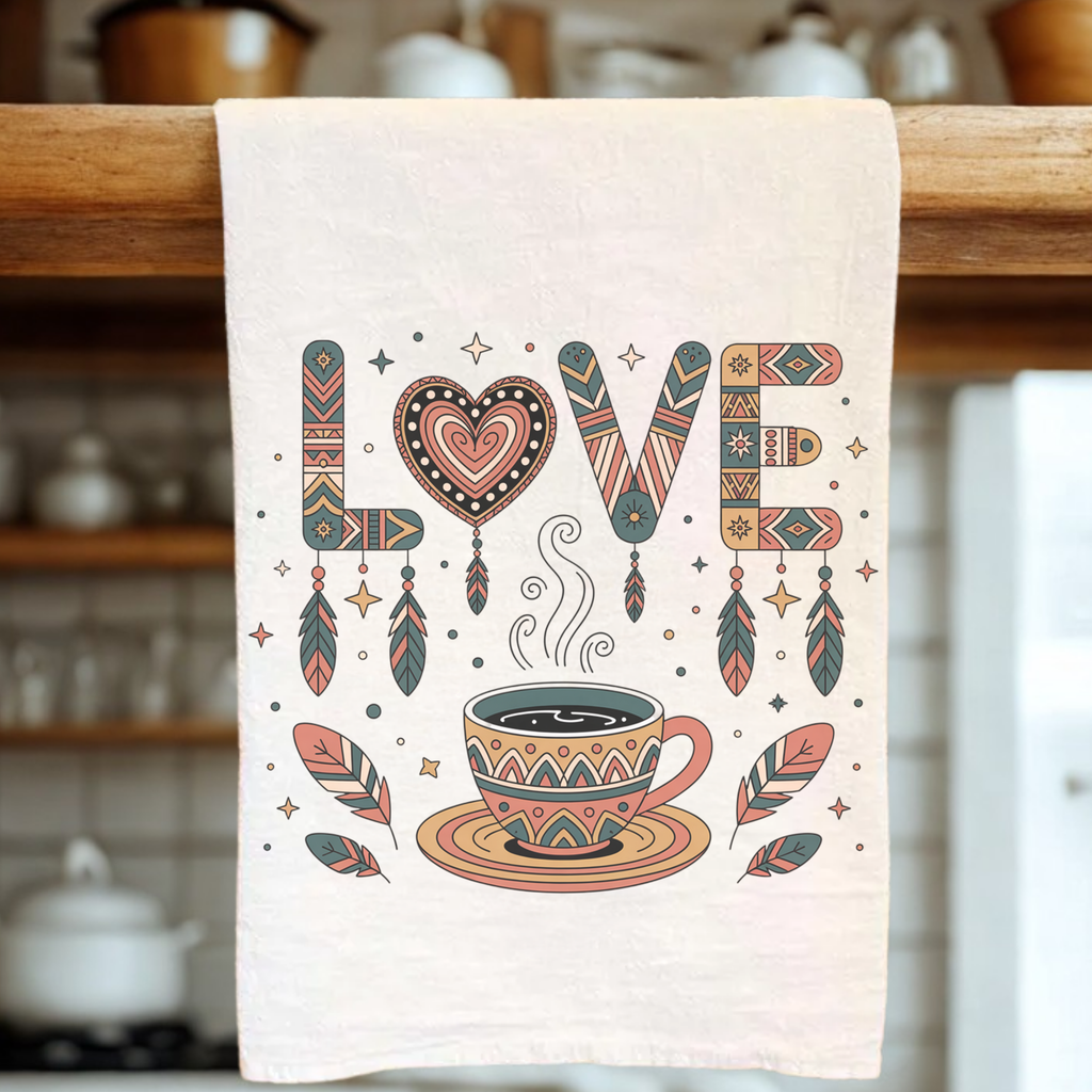 Decorative tea towel with 'LOVE' and coffee cup design hanging on a wooden rack.