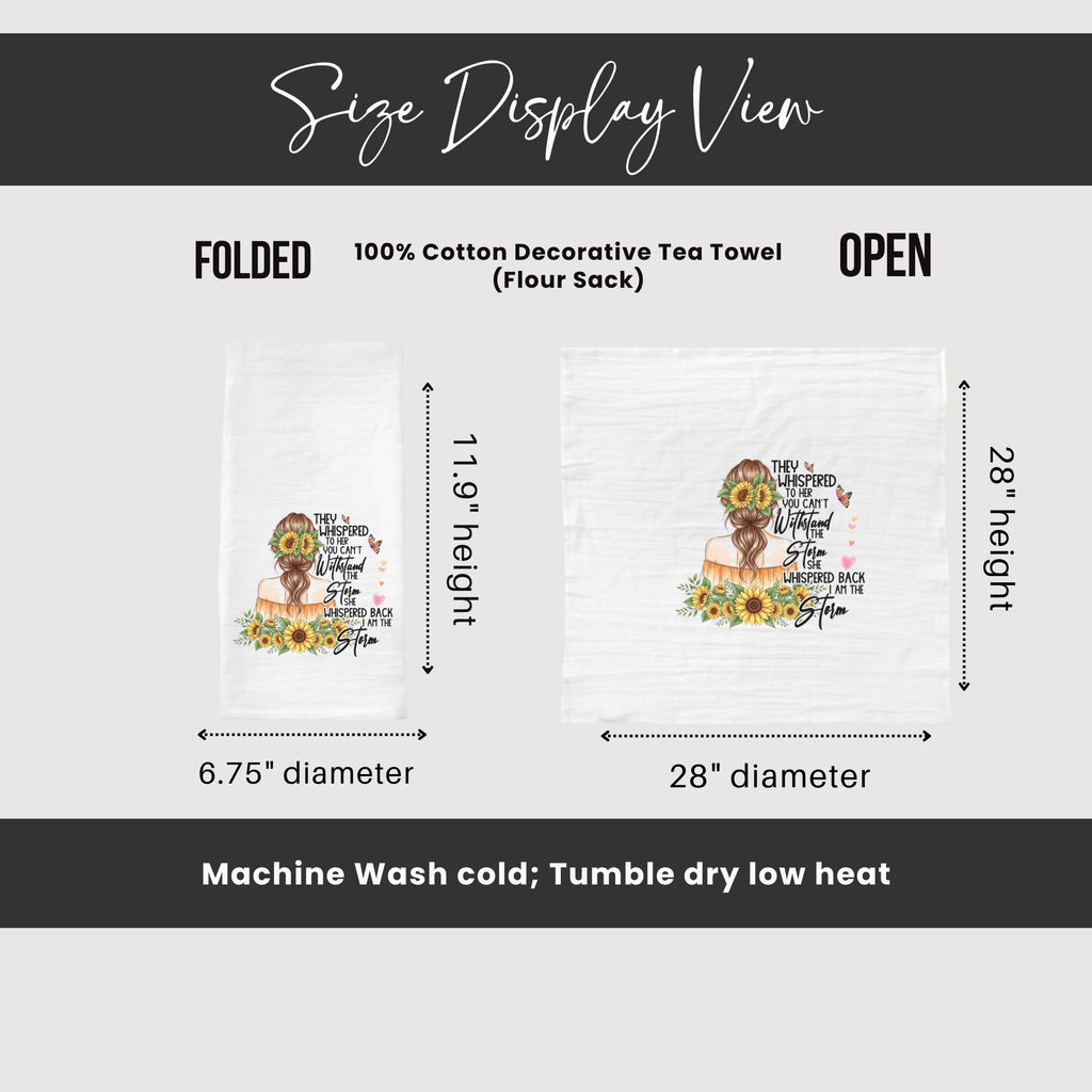 Size display view of a decorative tea towel with measurements and care instructions.