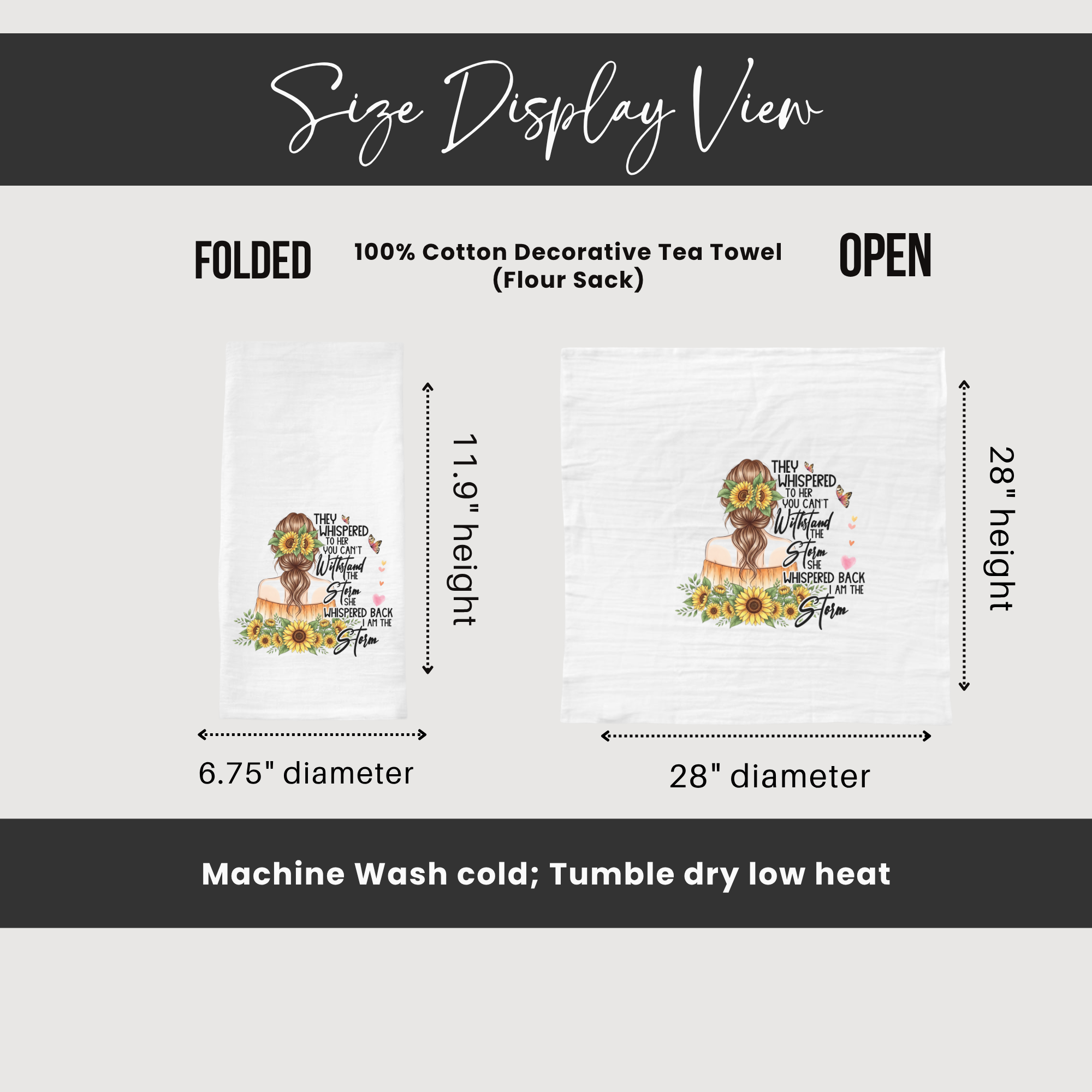 Size display view of a decorative tea towel with measurements and care instructions.