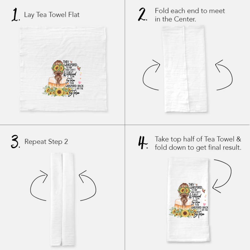 Instructions for folding a tea towel with a design of a woman and sunflowers.