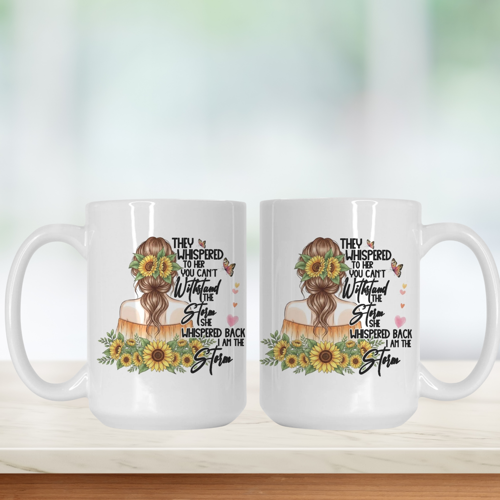 Two white mugs with sunflower designs and text on a white background