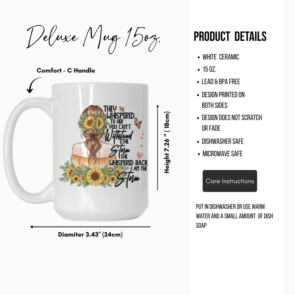 White ceramic mug with a design and text, shown with measurements and product details on a white background.