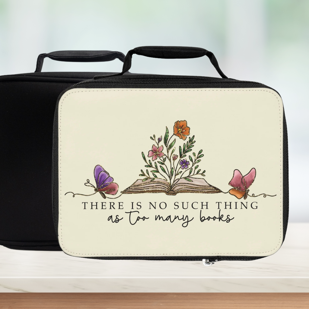 Black lunch bag with floral design and text on a white background