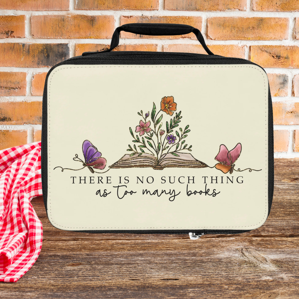 Lunch bag with floral design and text on a brick wall background