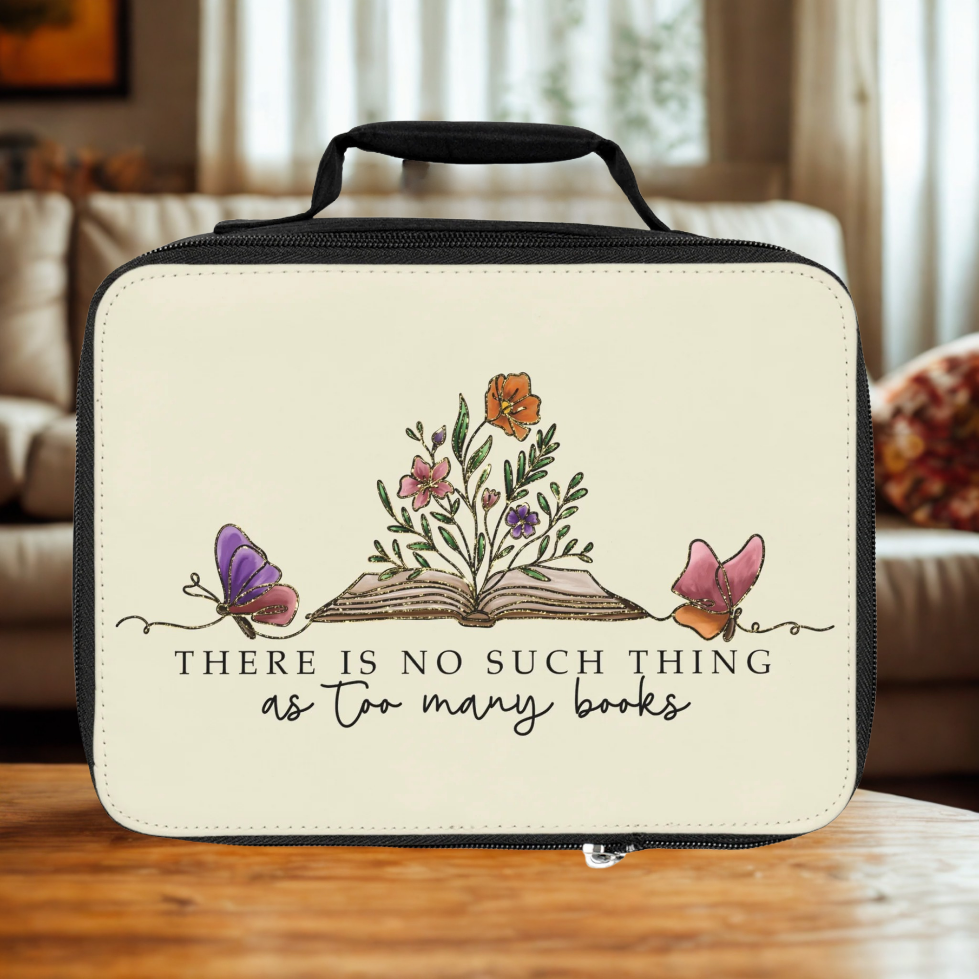  insulated lunch bag with floral design and quote on a wooden coffee table in a cozy living room