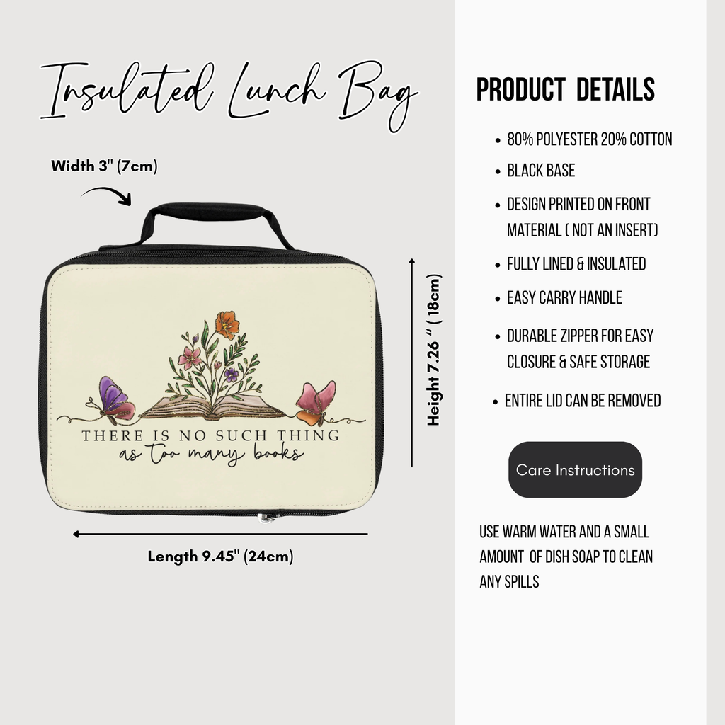 Insulated lunch bag with floral design and text, featuring product details on a white background.