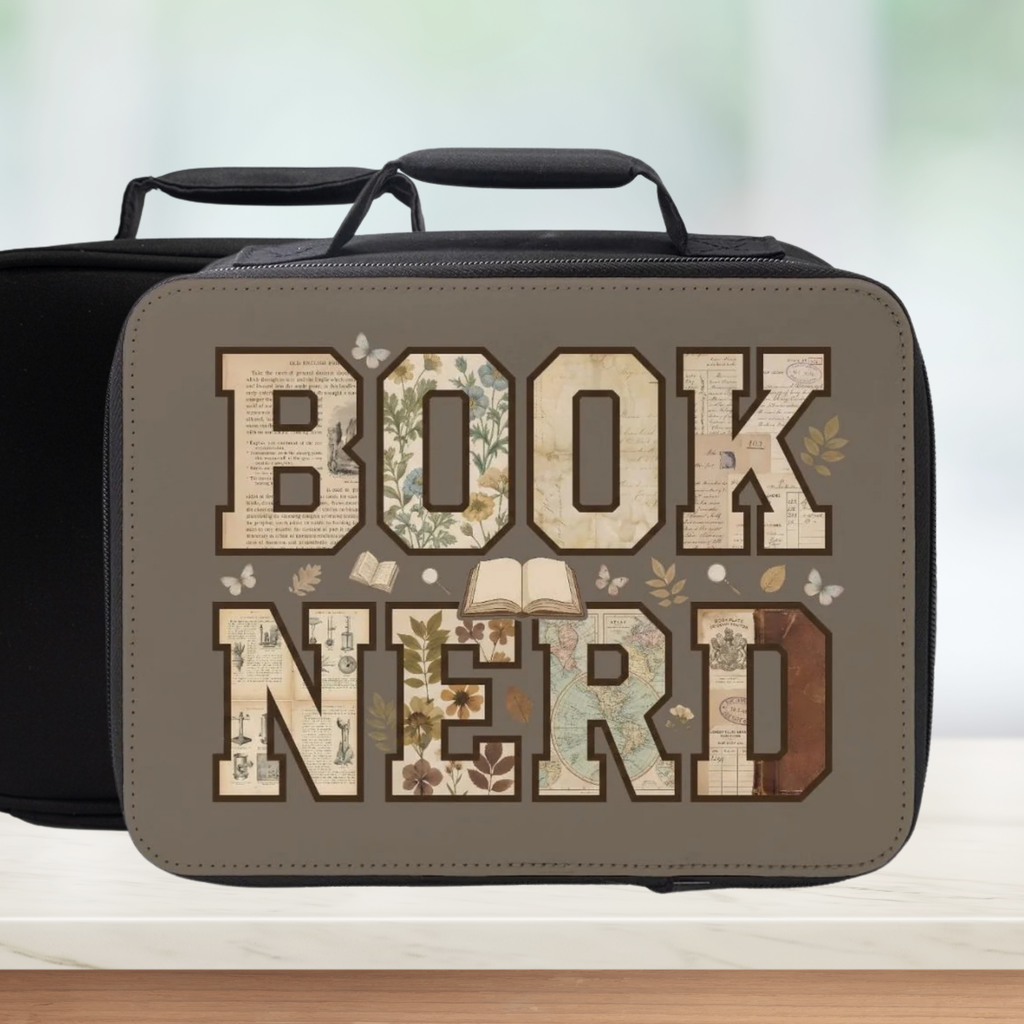 Lunch bag with 'BOOK NERD' text and book-themed design on a neutral background