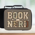 Lunch bag with 'BOOK NERD' text and book-themed design on a neutral background