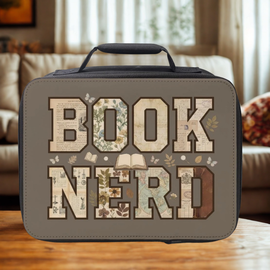 Lunch bag with 'BOOK NERD' pattern text on a wooden coffee table in a cozy living room.