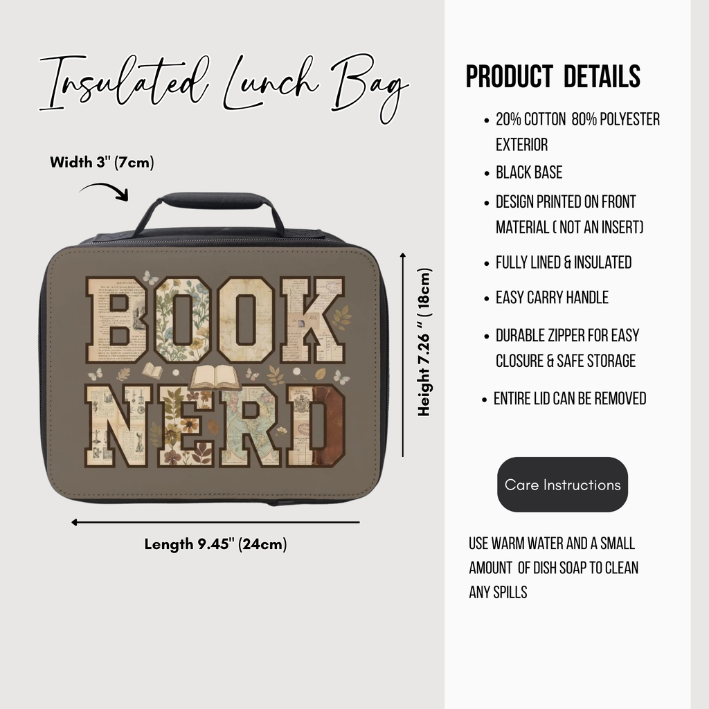 Insulated lunch bag with 'BOOK NERD' text and product details on a white background