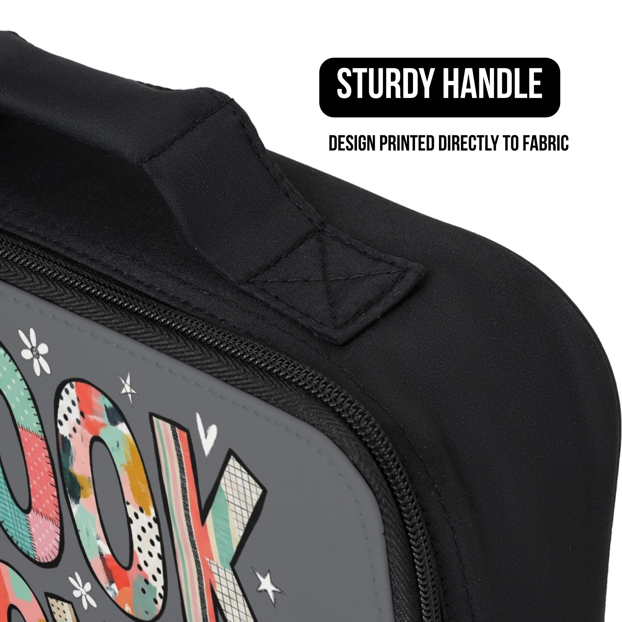 Black lunch bag with colorful 'BOOK LOVER' design and text about a sturdy handle on fabric.