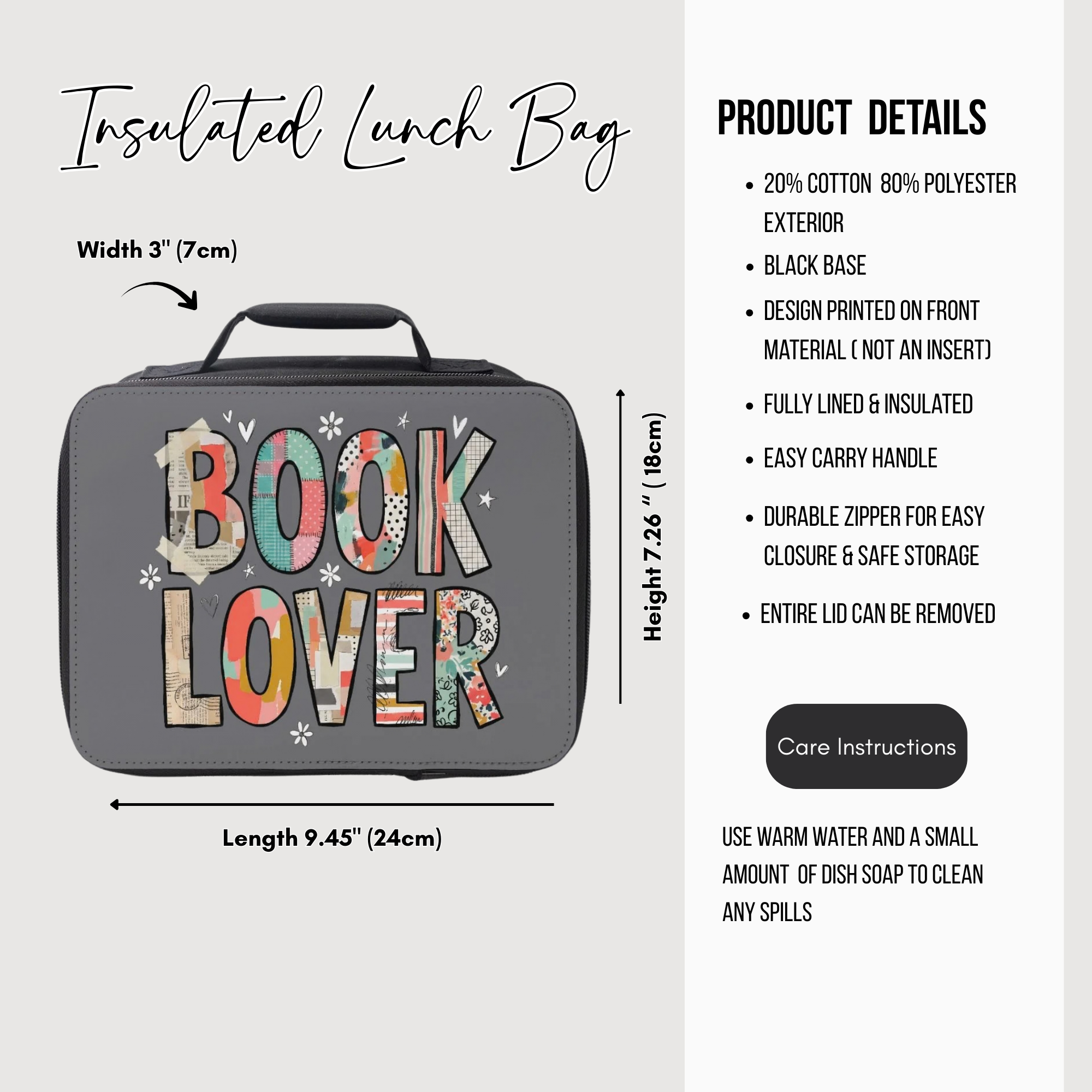 Insulated lunch bag with 'Book Lover' design and product details on a white background