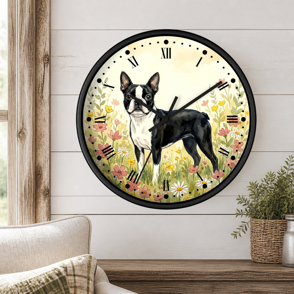 A round wall clock with a black Boston Terrier dog illustration over a floral meadow background, mounted on a white shiplap wall above a wooden mantel with a small plant and part of a sofa visible.