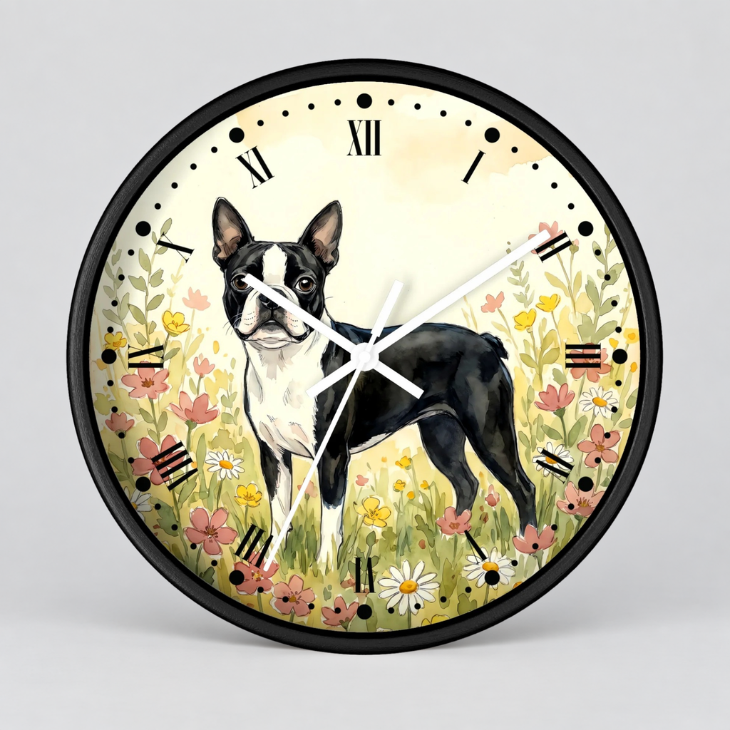 Round wall clock with a black frame and a printed illustration of a black-and-white Boston Terrier standing in a flower field. The clock face has black Roman numerals and black hour markers, with white clock hands on a light cream background.