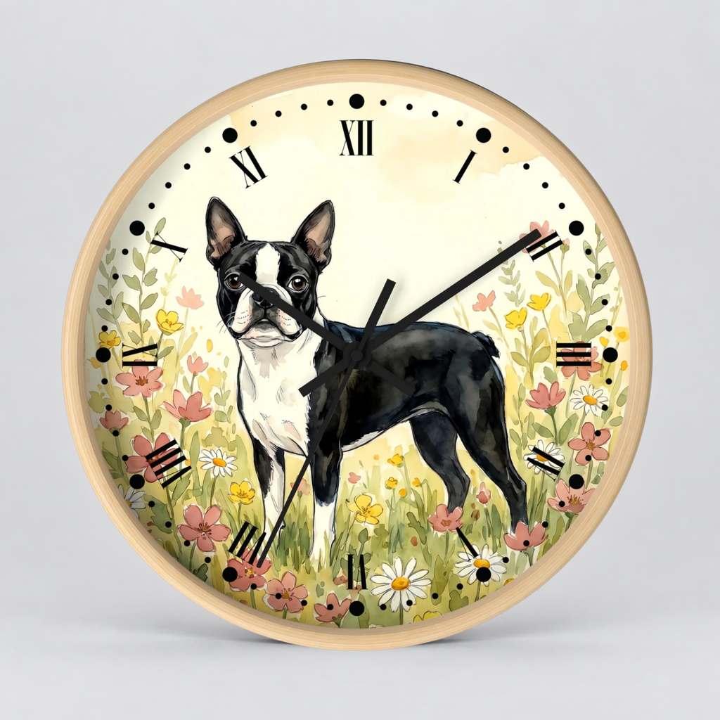 Round wall clock with a light wood frame and a printed illustration of a black-and-white Boston Terrier standing in a flower field, shown on a light gray background.