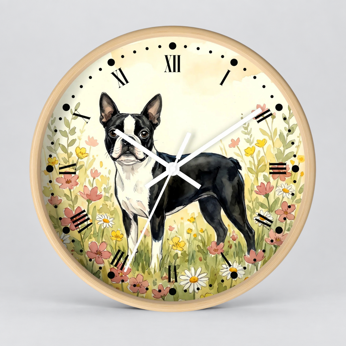 Round wall clock with a light wood frame and a printed dial featuring a black-and-white Boston terrier standing in a flower field. The clock has black Roman numerals and black hour markers, with white clock hands.