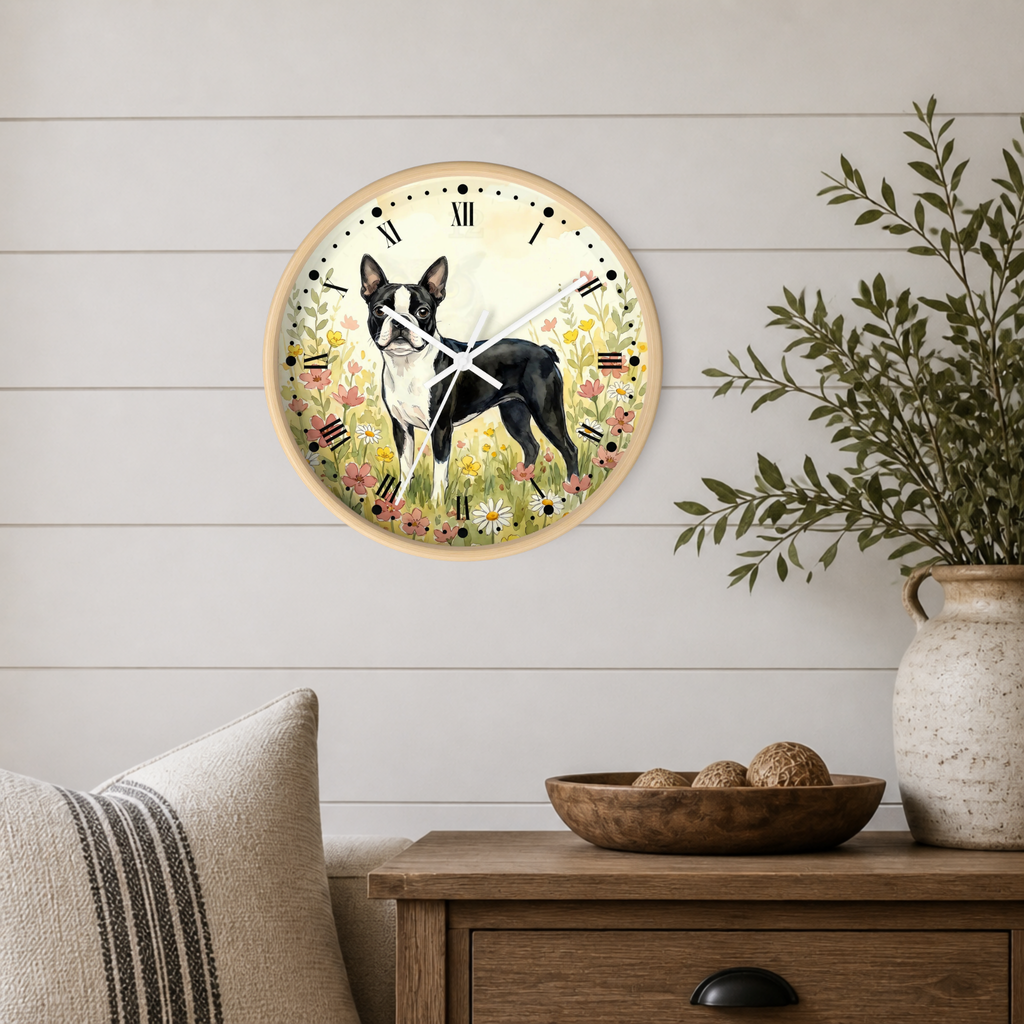 A round wall clock featuring a black and white Boston Terrier dog standing in a field of yellow flowers, mounted on a white shiplap wall above a wooden side table with a vase and bowl.