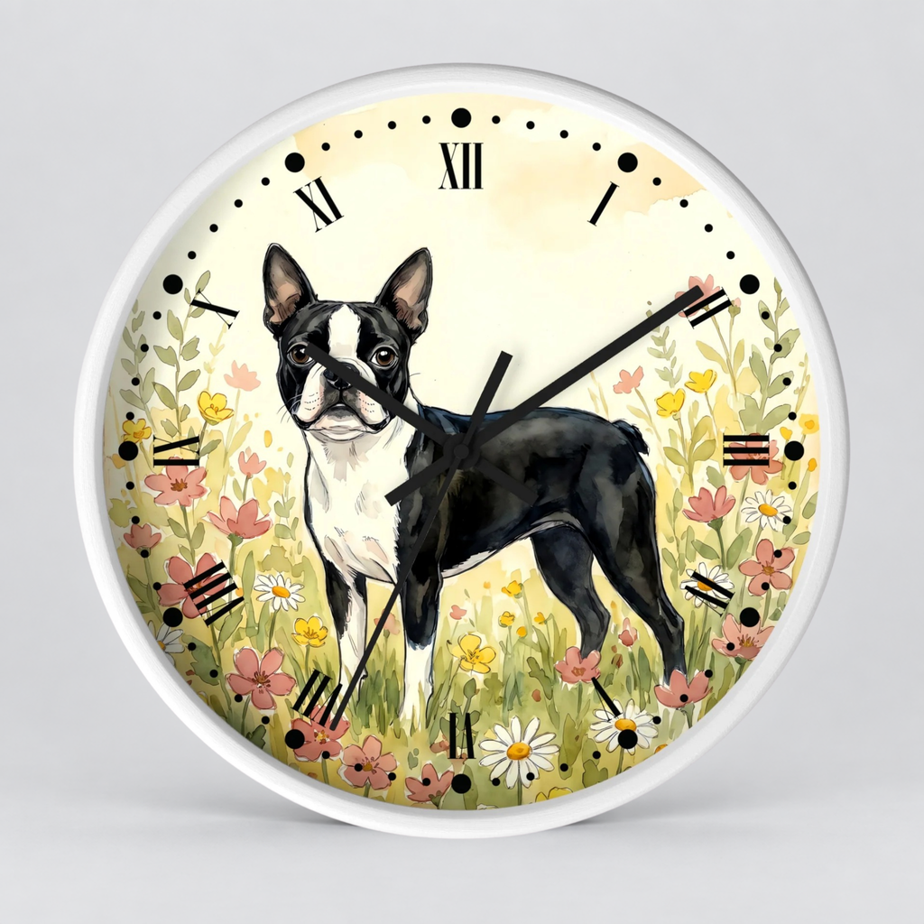 Round wall clock with a white frame and a printed design featuring a black and white Boston Terrier standing in a field of flowers. The clock face has a cream background with black Roman numerals and black clock hands.