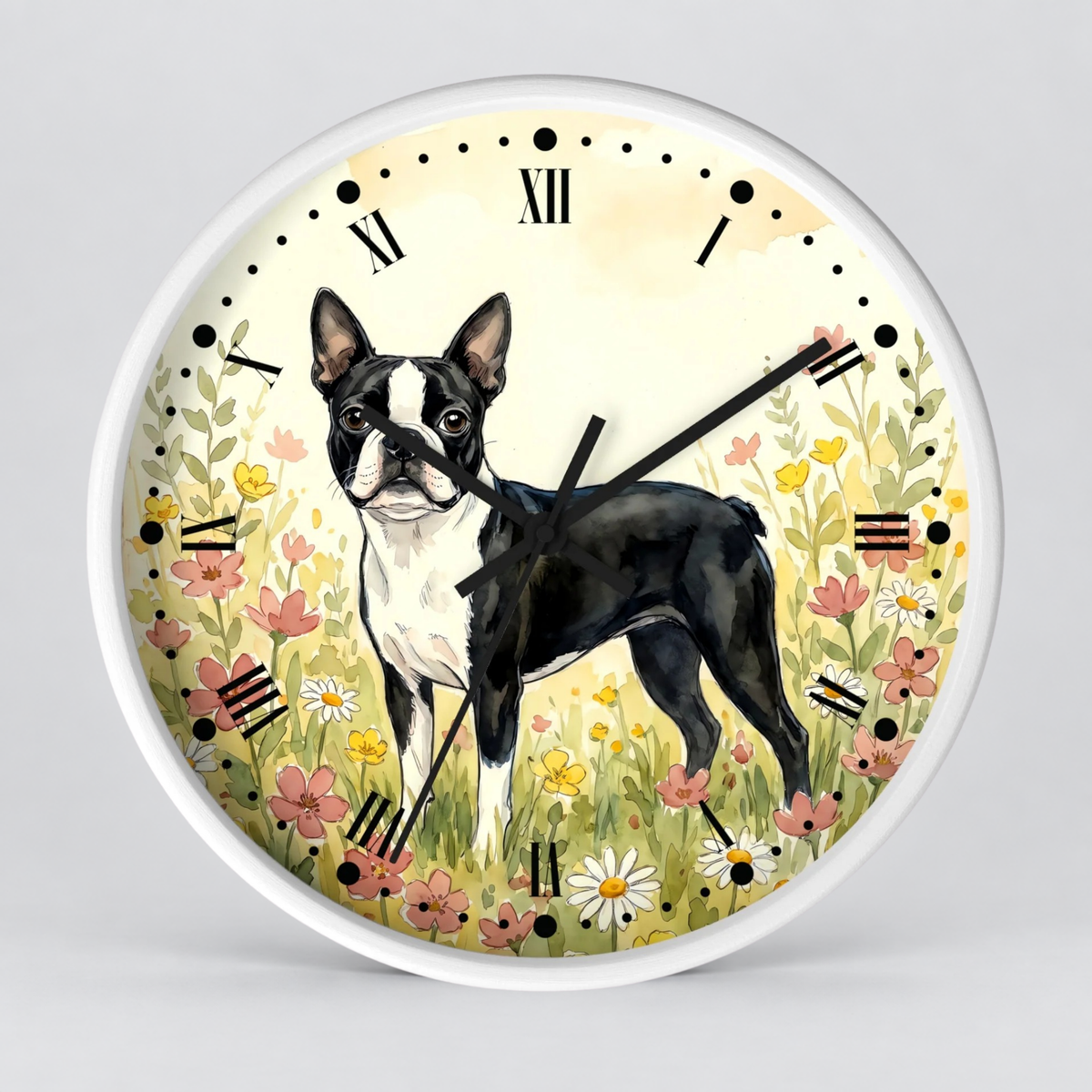 Round wall clock with a white frame and a printed design featuring a black and white Boston Terrier standing in a field of flowers. The clock face has a cream background with black Roman numerals and black clock hands.