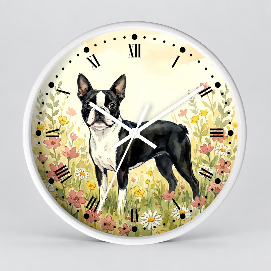 Round wall clock with a white frame and a printed illustration of a black-and-white Boston Terrier surrounded by flowers and grass, with black Roman numerals and clock hands on a light gray background.