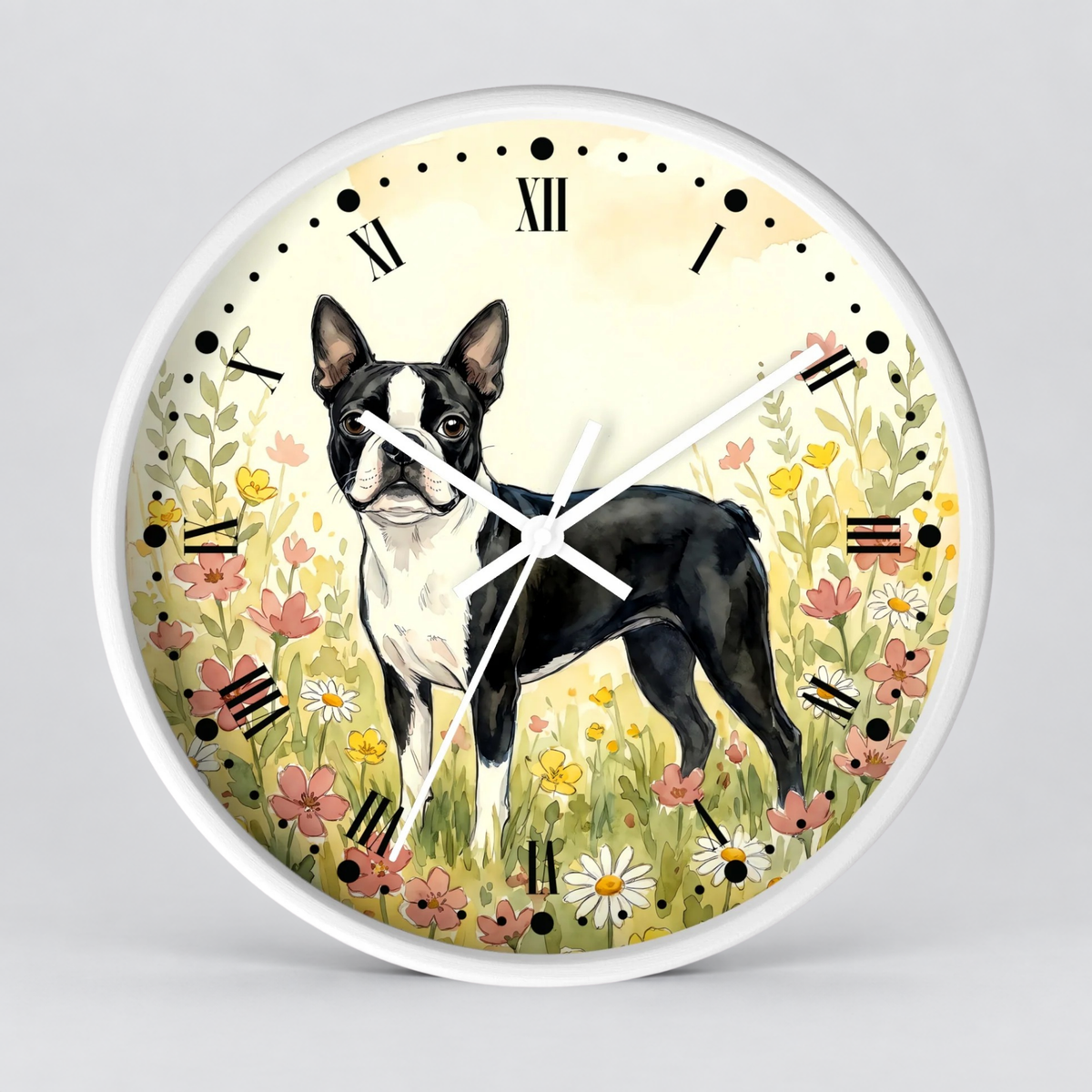 Round wall clock with a white frame and a printed illustration of a black-and-white Boston Terrier surrounded by flowers and grass, with black Roman numerals and clock hands on a light gray background.