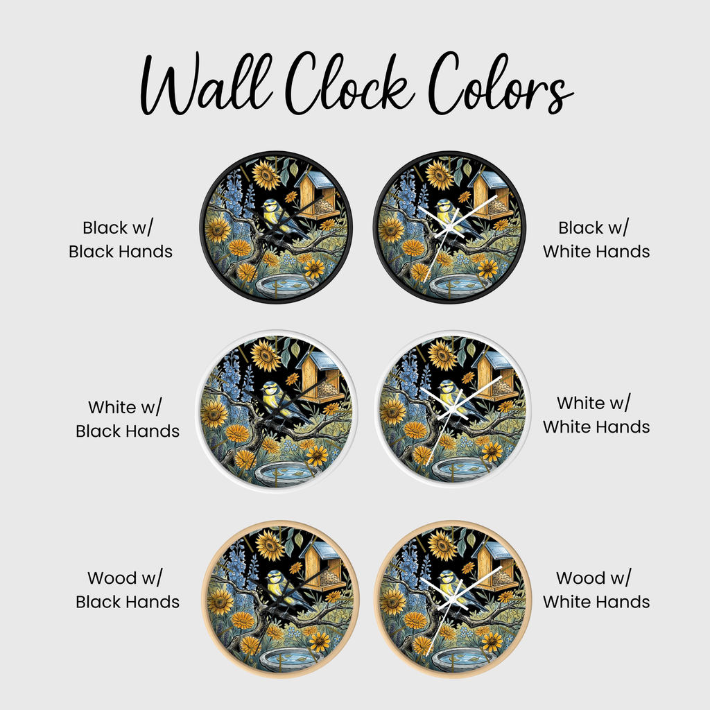 Set of six wall clocks with different color combinations of hands on a white background.