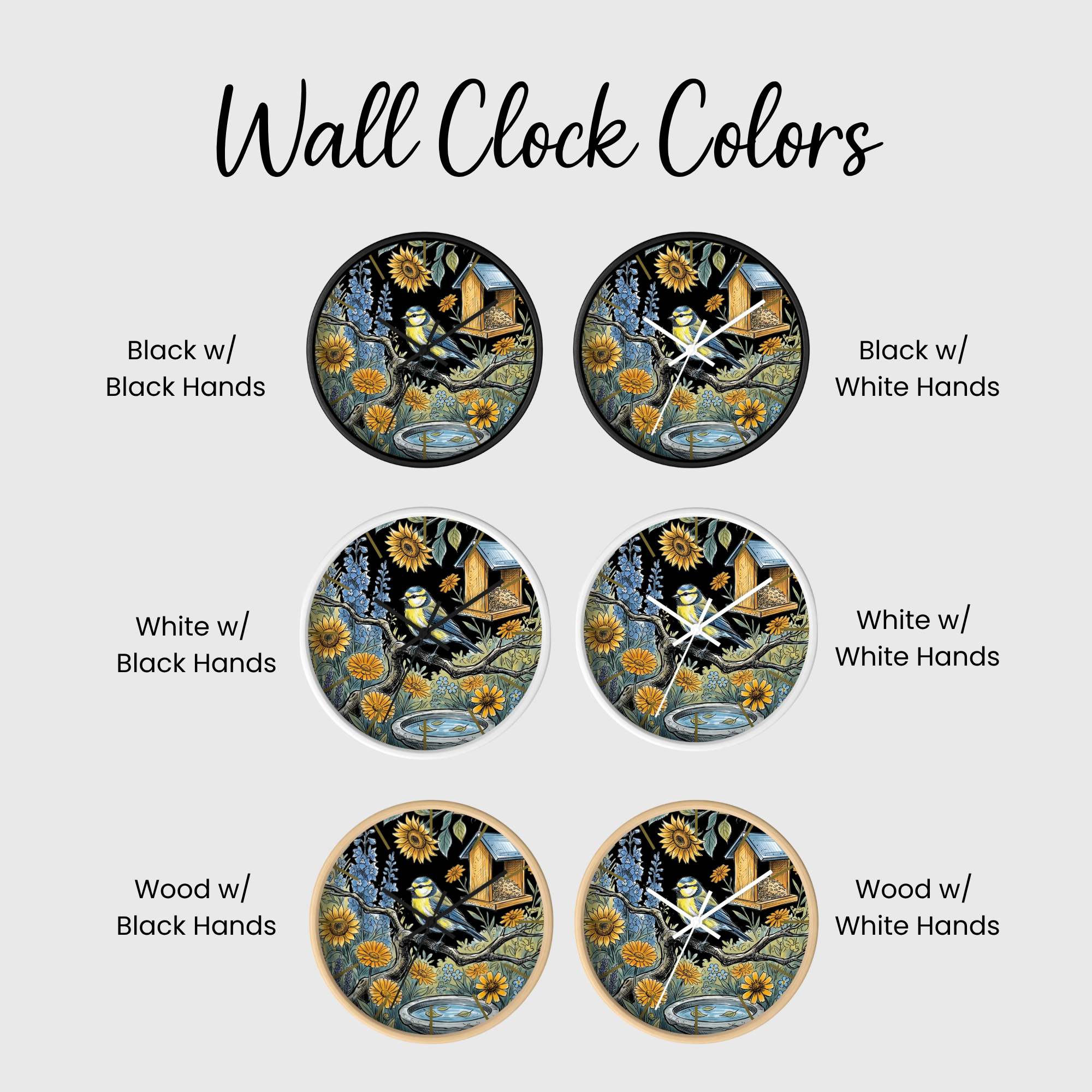 Set of six wall clocks with different color combinations of hands on a white background.