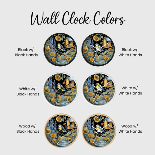 Set of six wall clocks with different color combinations of hands on a white background.