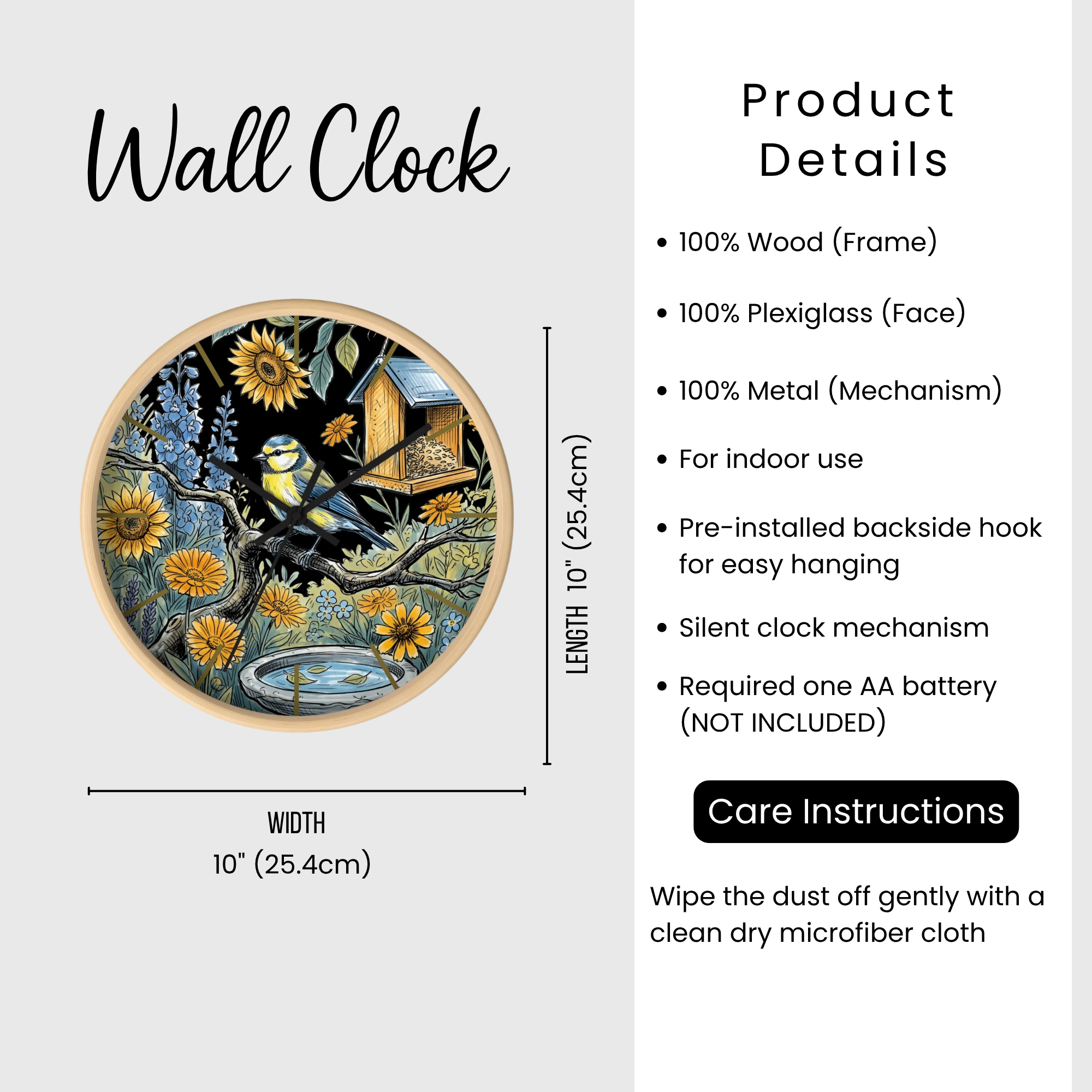 Wall clock with nature design, dimensions, and product details on a white background