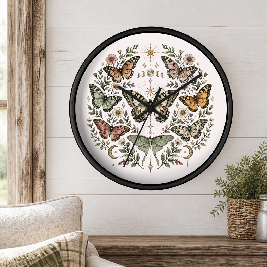A round wall clock with a black frame and a white face decorated with a symmetrical arrangement of colorful butterflies, flowers, and botanical motifs, mounted on a white wood-paneled wall above a wooden mantel with a potted plant.