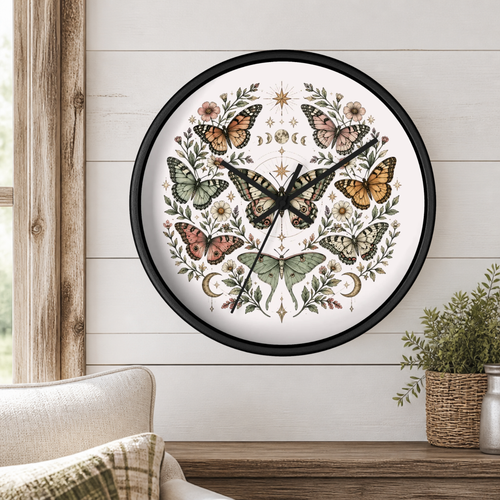 A round wall clock with a black frame and a white face decorated with a symmetrical arrangement of colorful butterflies, flowers, and botanical motifs, mounted on a white wood-paneled wall above a wooden mantel with a potted plant.