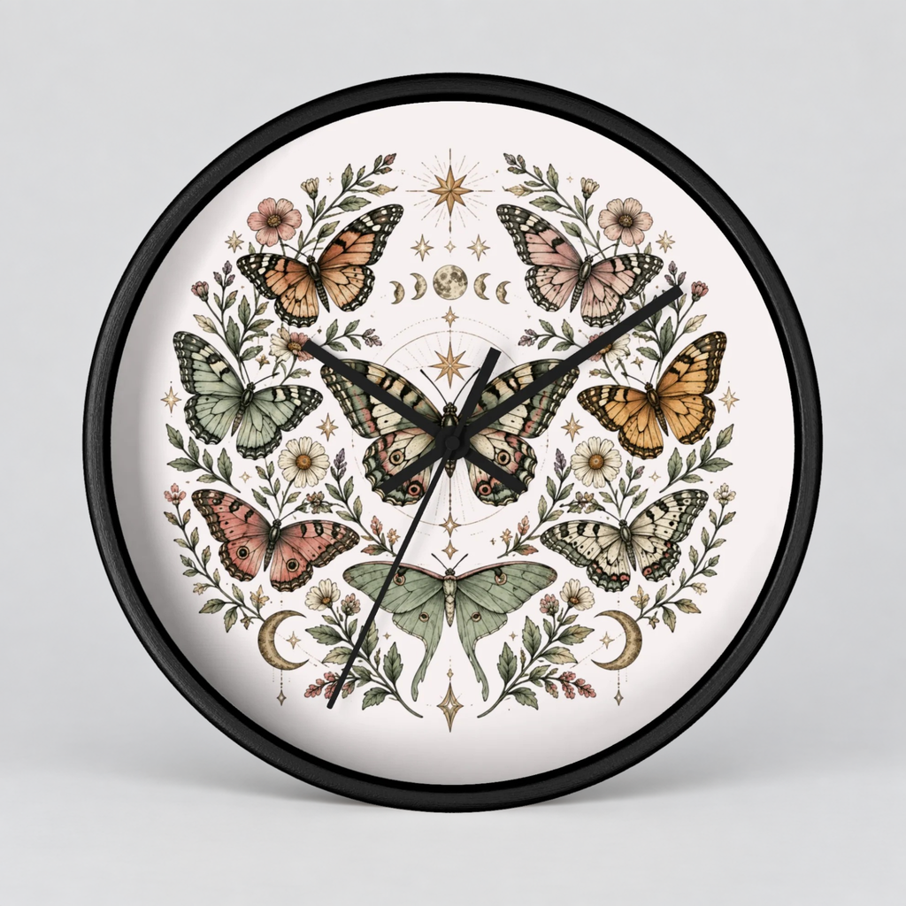 Round wall clock with a black frame and a white face featuring a symmetrical butterfly and floral illustration in muted green, orange, pink, and brown tones.