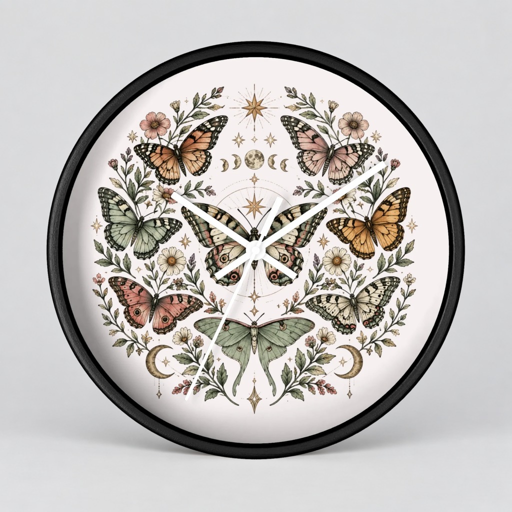 Round wall clock with a black frame and a white face featuring a symmetrical botanical illustration of butterflies, moths, flowers, leaves, and moon phases in muted earthy tones.