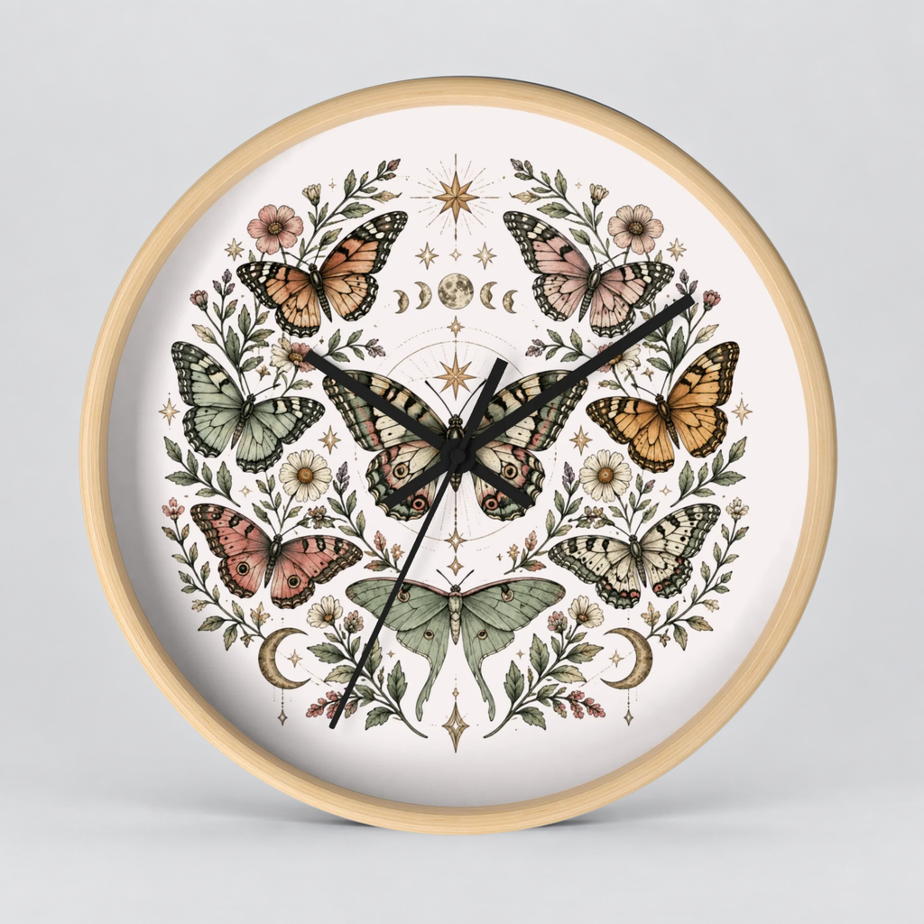 Round wall clock with a light natural wood frame and a white face, decorated with an intricate symmetrical illustration of butterflies, flowers, leaves, and celestial symbols in muted earthy tones.