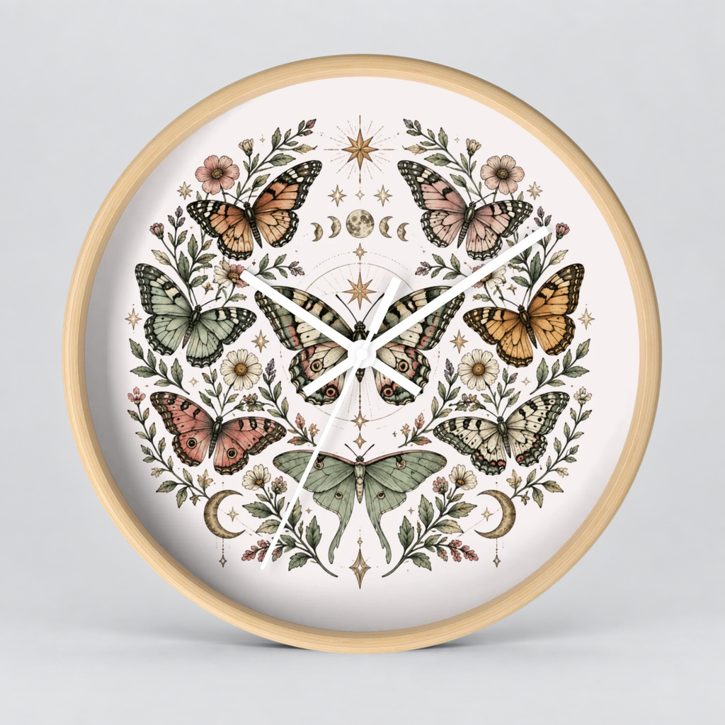 Round wall clock with a light natural wood frame and a white face, decorated with an intricate symmetrical illustration of butterflies, flowers, moons, and stars in muted earthy tones.
