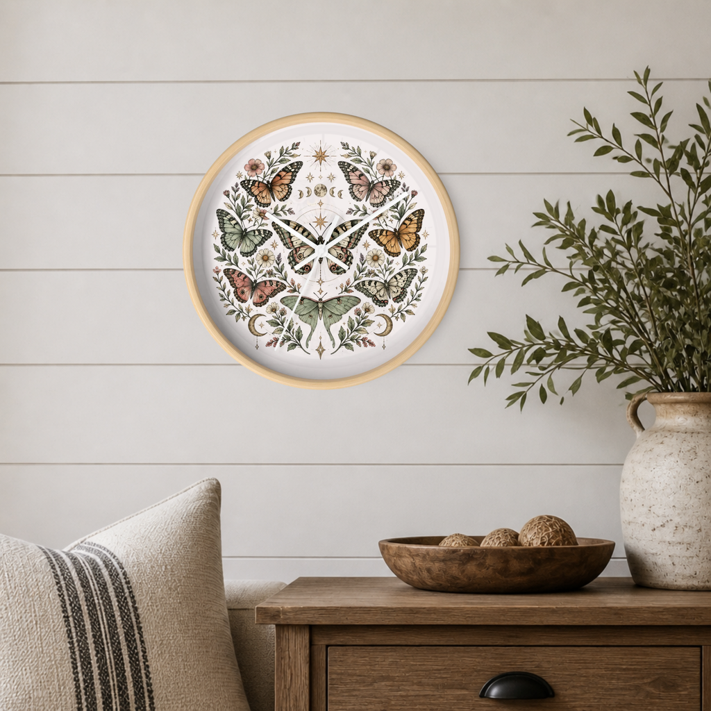 Round framed wall art featuring a symmetrical butterfly and floral illustration, displayed on a white shiplap wall above a wooden side table with a vase and bowl.