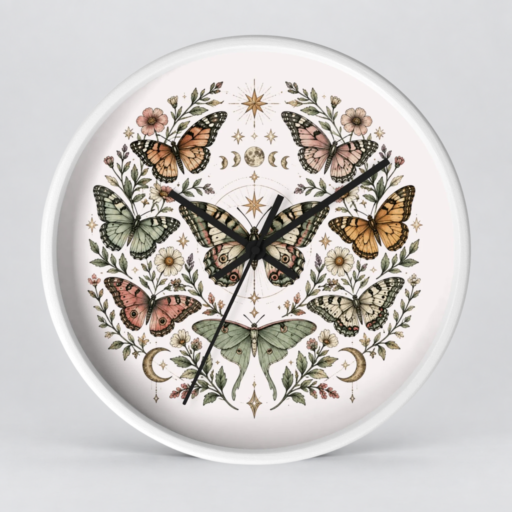 Round wall clock with a white frame and a detailed botanical illustration on the face, featuring multiple butterflies, flowers, leaves, stars, and moon phases in muted earthy tones against a light background.
