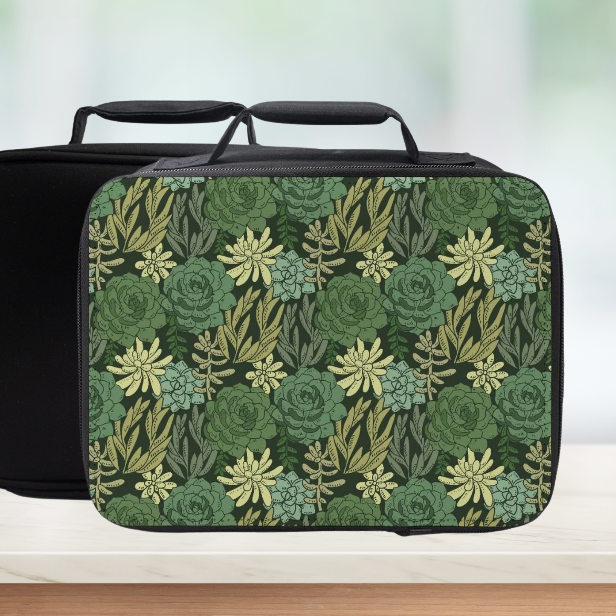 Succulent Floral patterned lunch bag with black background
