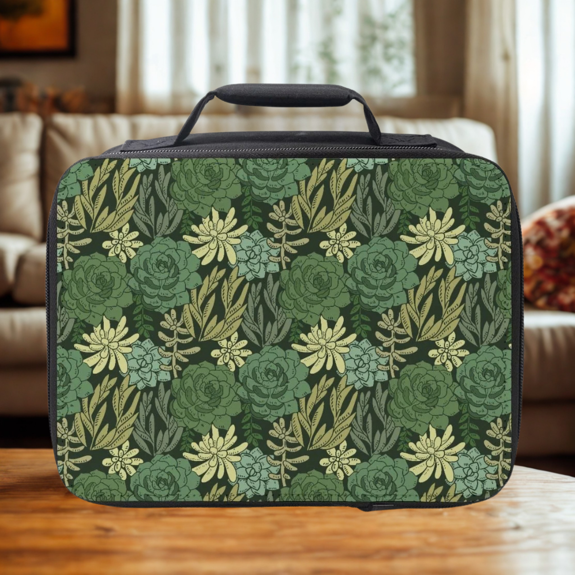 Green floral patterned lunch bag on a wooden surface with a blurred indoor background