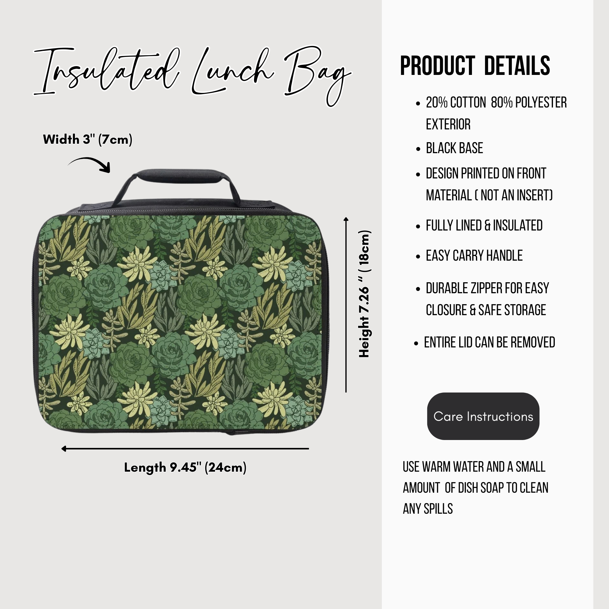 Insulated lunch bag with green floral pattern and product details on a white background